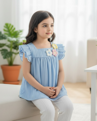 Girls Blue 3D Floral Top & Casual Pants Set