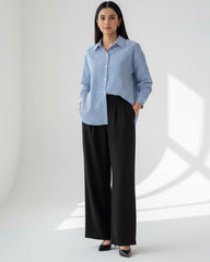 Plus Size Casual Striped Long Sleeve Blue Shirt & Black Long Pants 2pcs Set