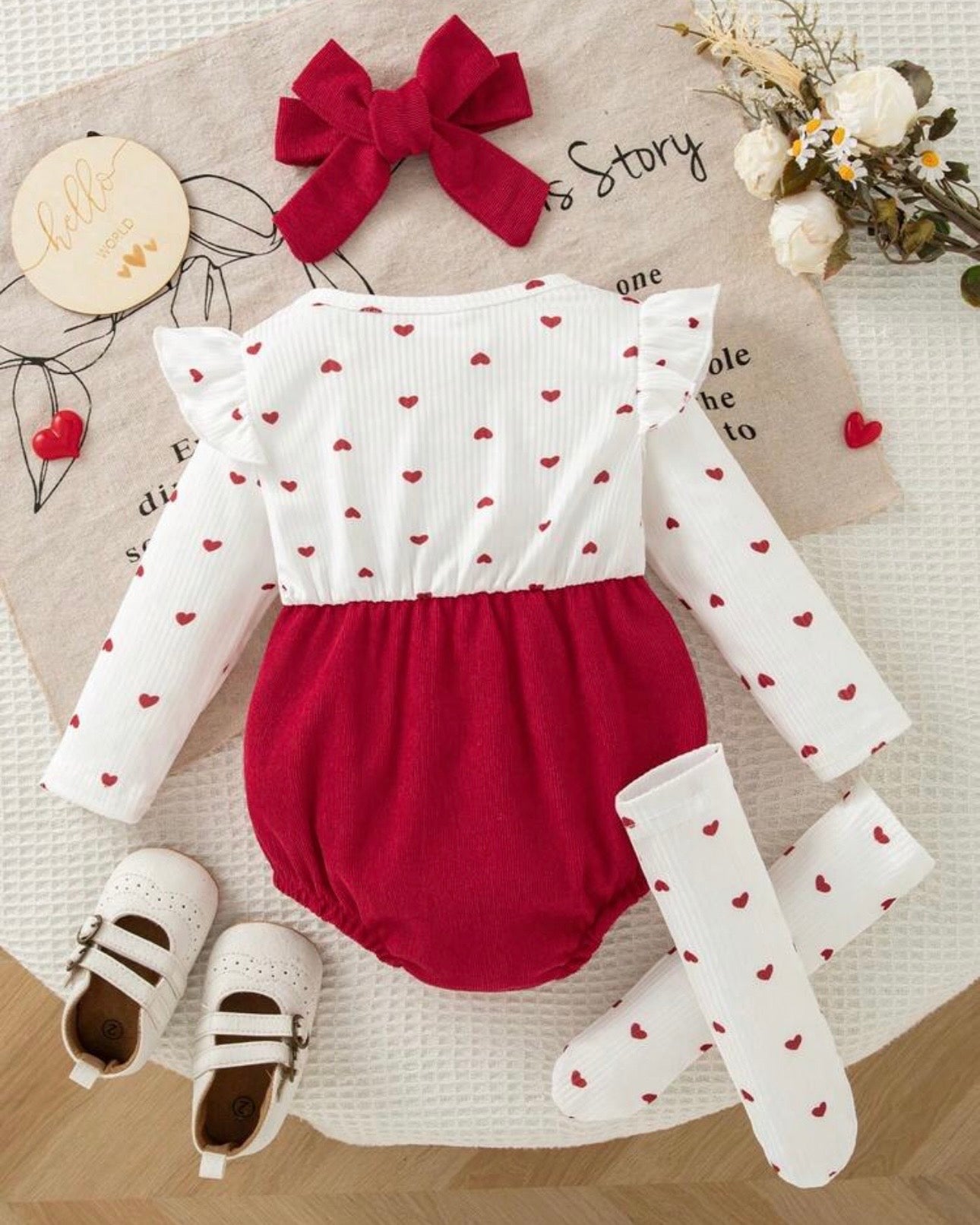 Baby Girl 3D Red Heart Flutter Sleeve Denim Overall Bodysuit + Bow Ruffle Socks