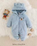 Baby Boy Sky Blue Bear Pattern Winter Hooded Jumpsuit