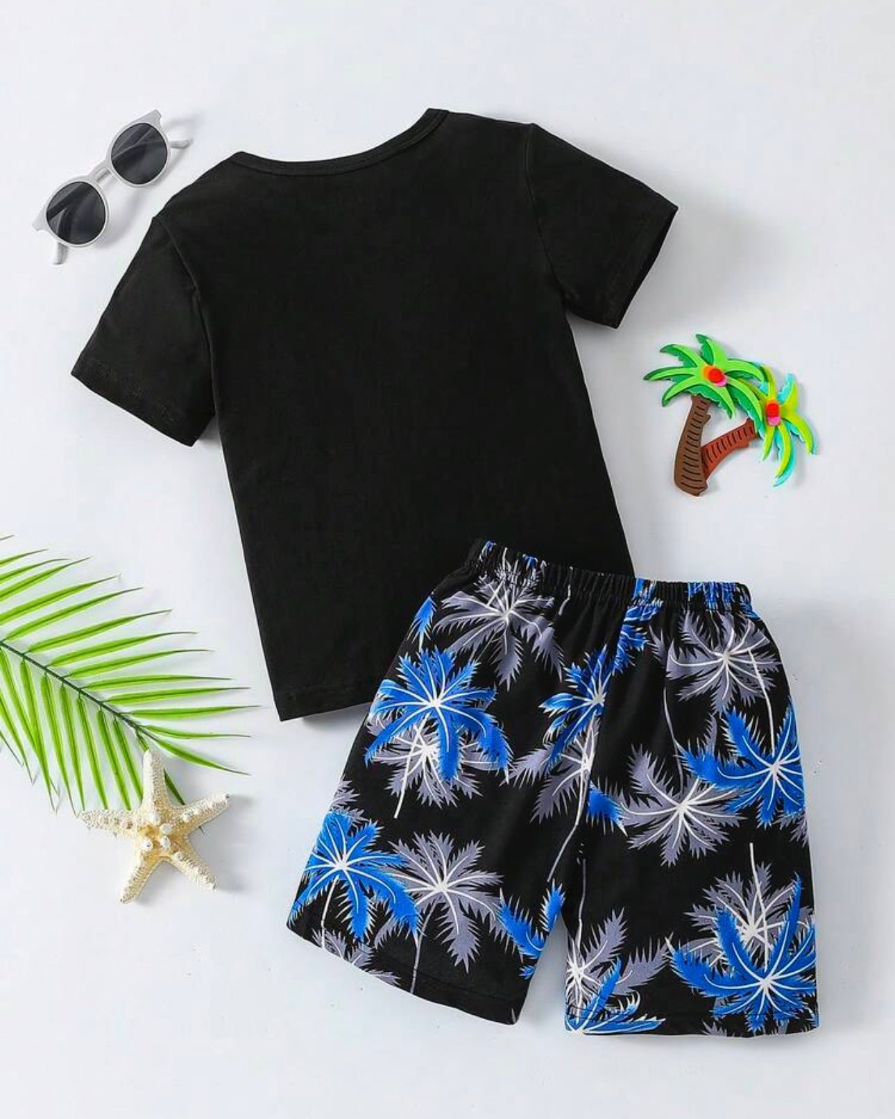 2pcs Kids Black T-Shirt And Coconut Tree Shorts