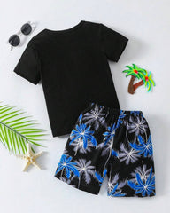 2pcs Kids Black T-Shirt And Coconut Tree Shorts