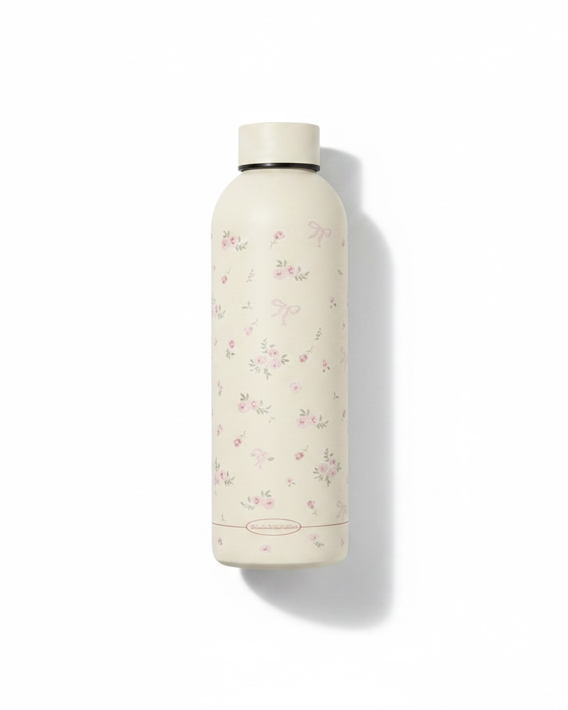 500ml Beige Rose Floral Insulated Stainless Steel Water Bottle