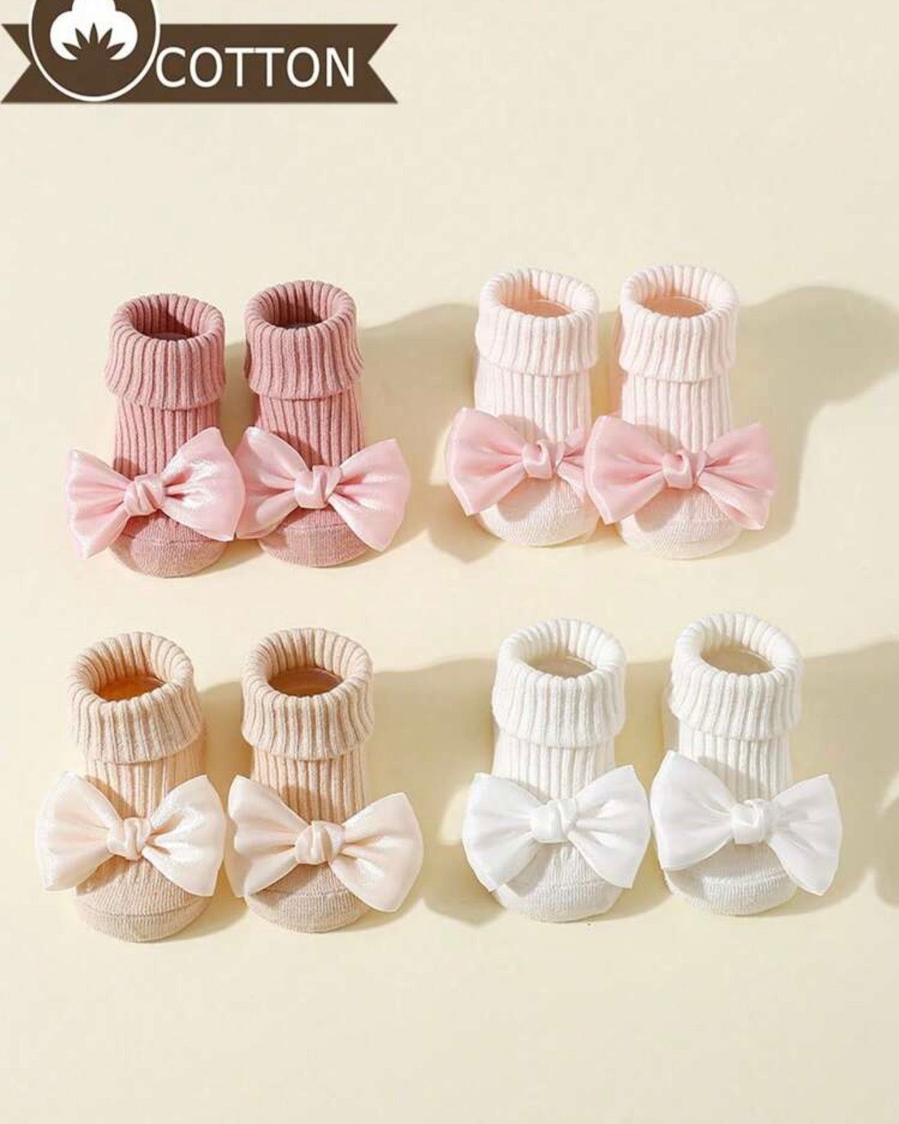 4 Pairs Baby Girls' Cotton Bow Decor Non-Slip Crew Socks