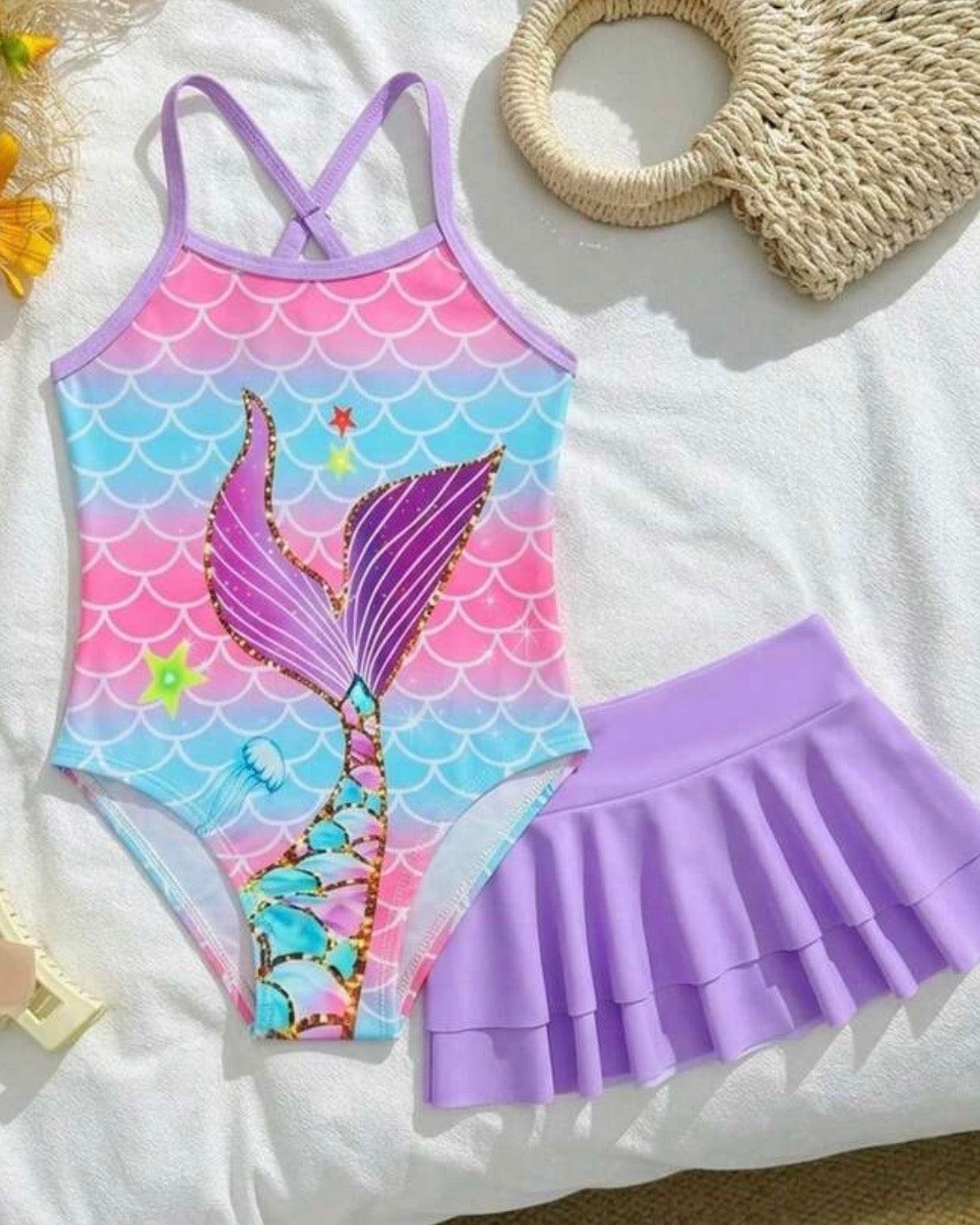 Young Girls Mermaid Tail Print One-Piece Swimsuit with Skirt