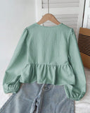 Tween Girls Green Textured Bow Tie Long Sleeve Shirt