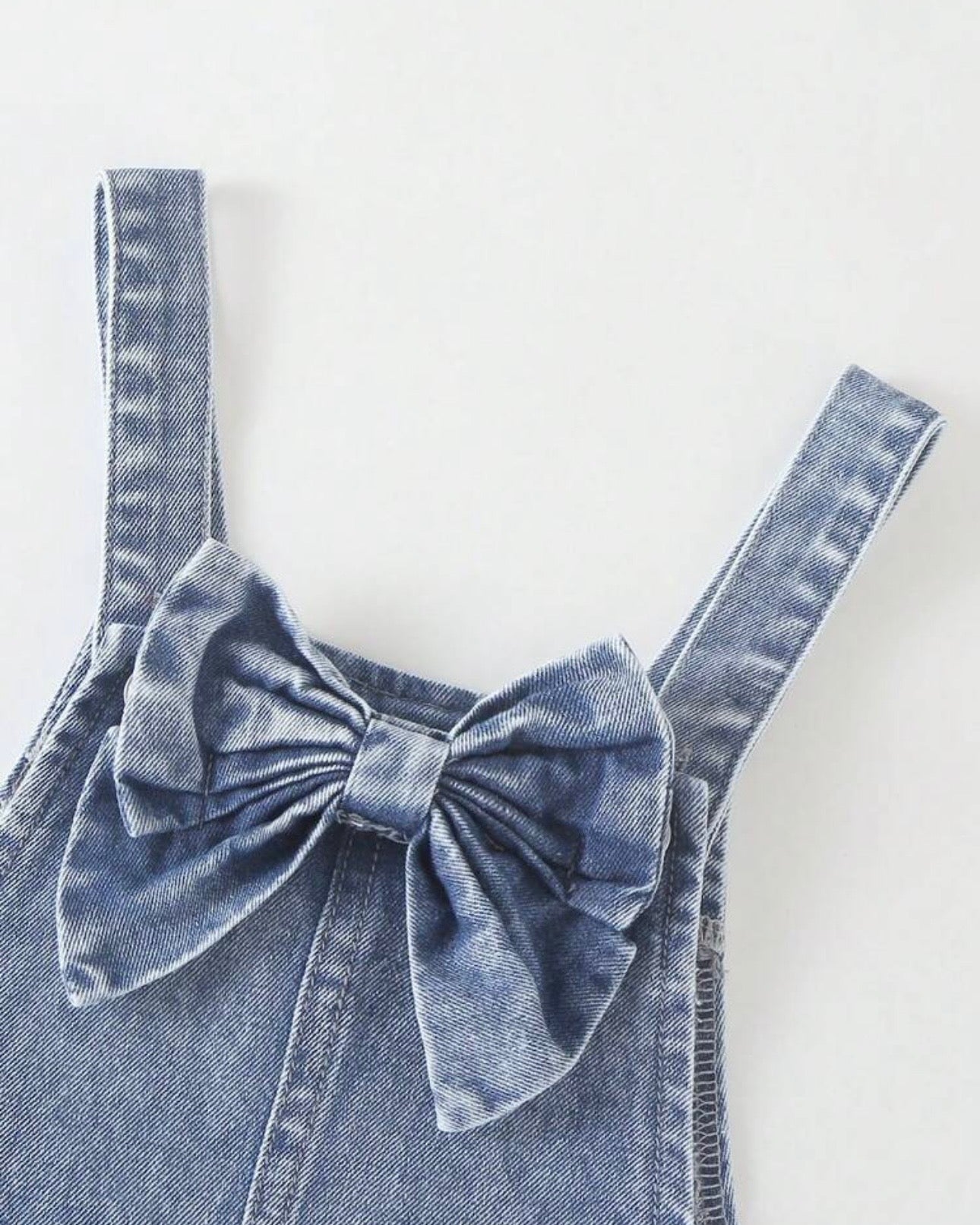 Girls Medium Blue Denim Bib Overalls with Pink Bow Embroidery & Large Bow