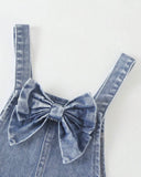 Girls Medium Blue Denim Bib Overalls with Pink Bow Embroidery & Large Bow
