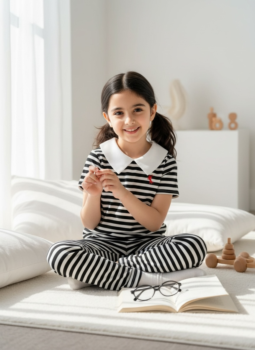 Kids 2pcs Knitted Striped Polo Set – Black & White
