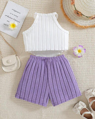 Lilac Crochet Flower Halter Top & Ribbed Shorts Set – 2PCS Summer Outfit