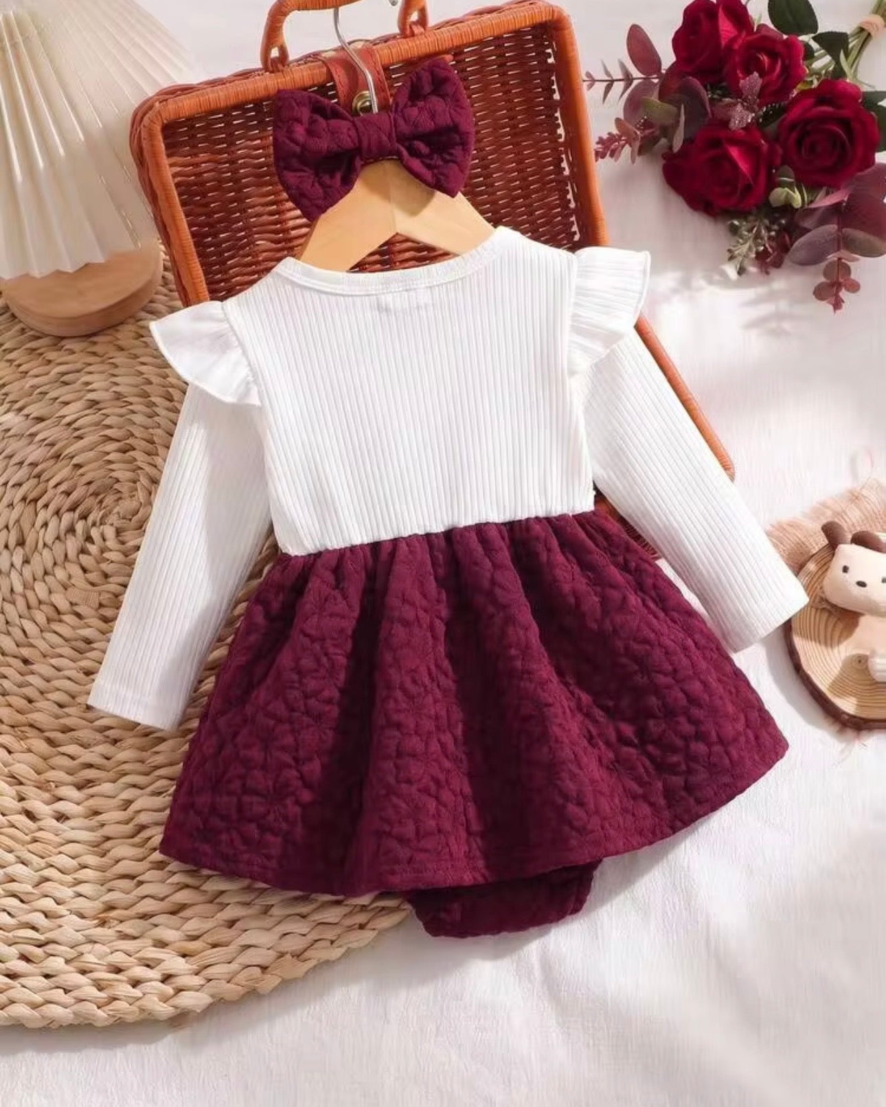 Ribbed Patchwork 3D Bowknot Meroon Bodysuit Dress With Headband