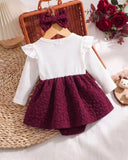 Ribbed Patchwork 3D Bowknot Meroon Bodysuit Dress With Headband