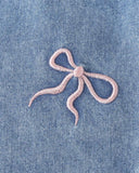 Girls Medium Blue Denim Bib Overalls with Pink Bow Embroidery & Large Bow