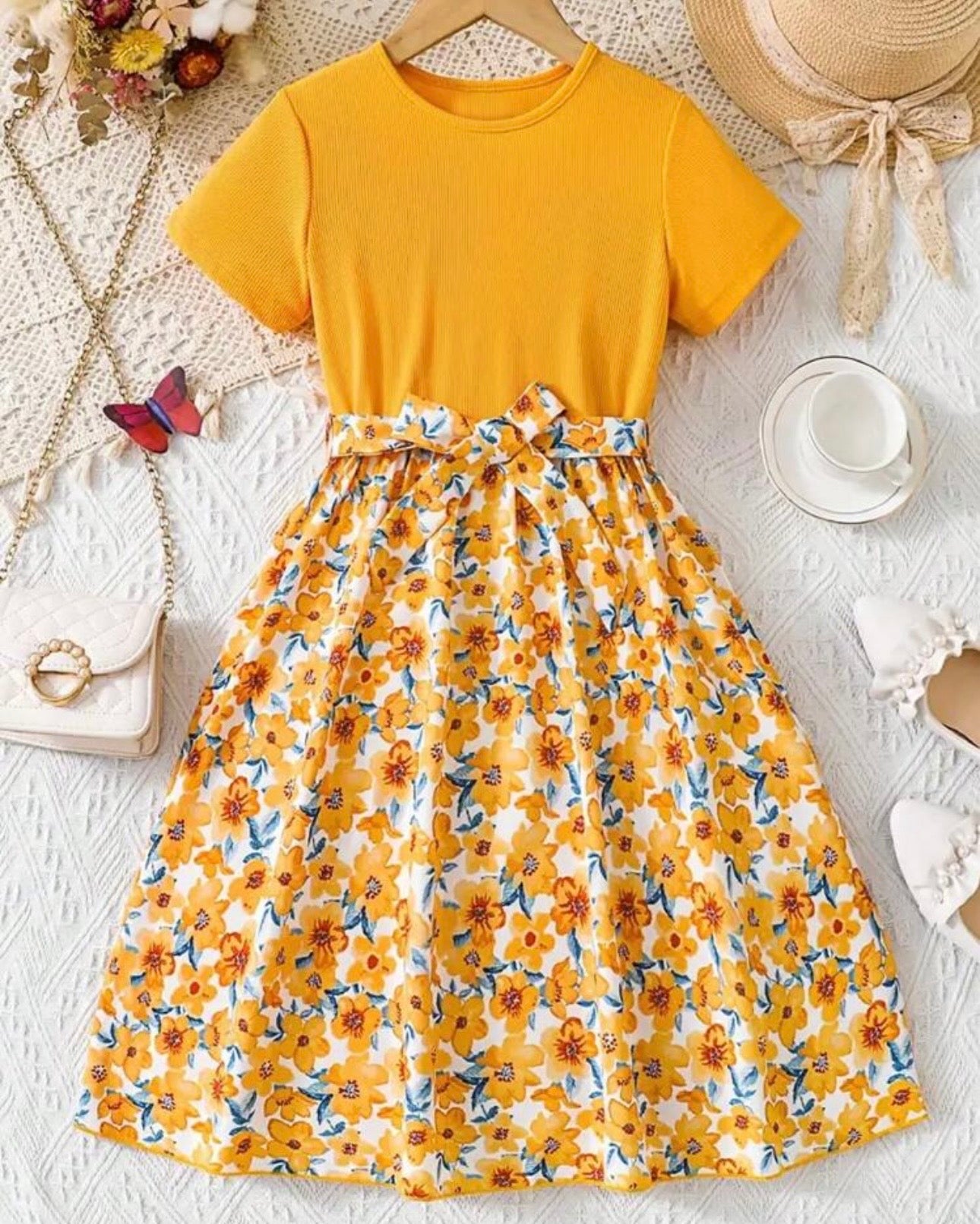 Girls Yellow Floral Patchwork Dress – Sweet Short Sleeve Summer Casual Dress