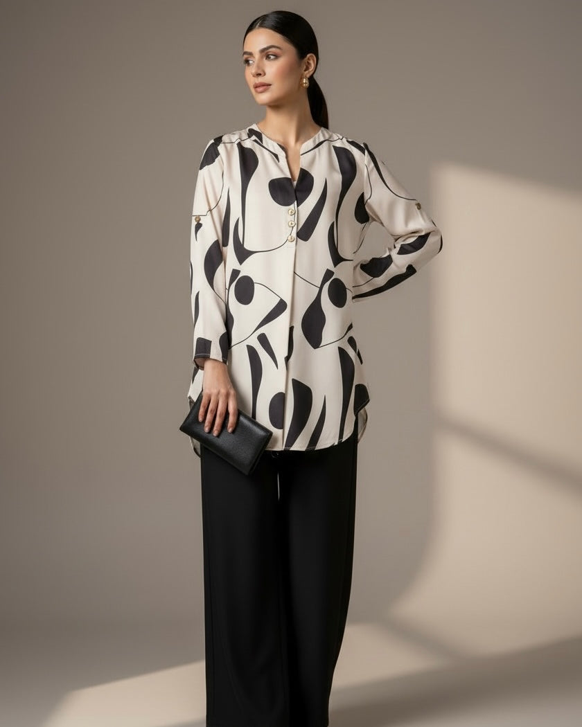Black Printed Co-Ord Set – Elegant Shirt & Pants 2PCS