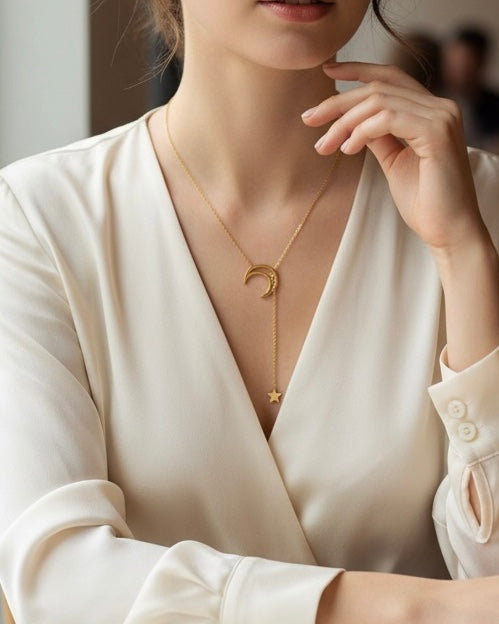 Japanese-Korean Style Moon and Star Golden Necklace