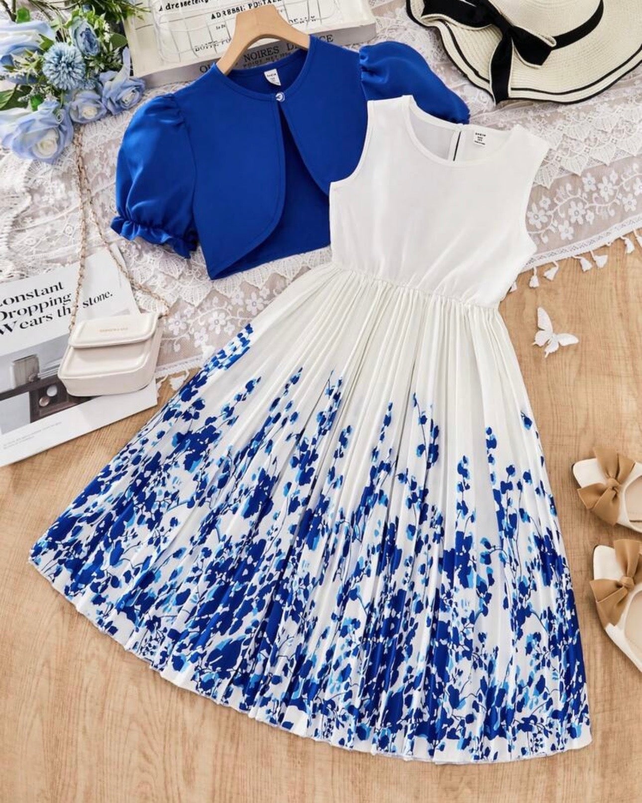 Girls 2-Piece Blue Floral Print Pleated Dress & Cardigan Set