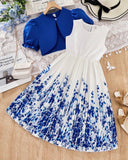 Girls 2-Piece Blue Floral Print Pleated Dress & Cardigan Set