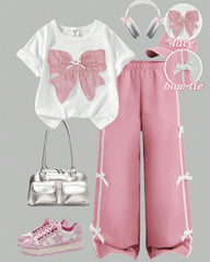 Tween Girls Pink Graphic Tee & Bow Pants Set