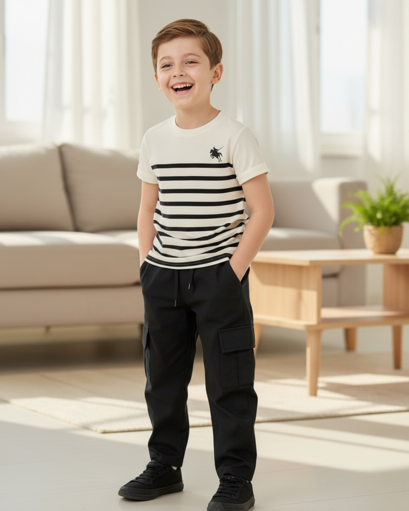 2pcs Boys Striped White & Black Polo Style Shirt And Pants Set