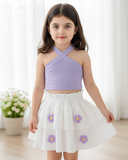 Girls’ Purple Ribbed Camisole & White 3D Floral Double-Layer Skirt Set