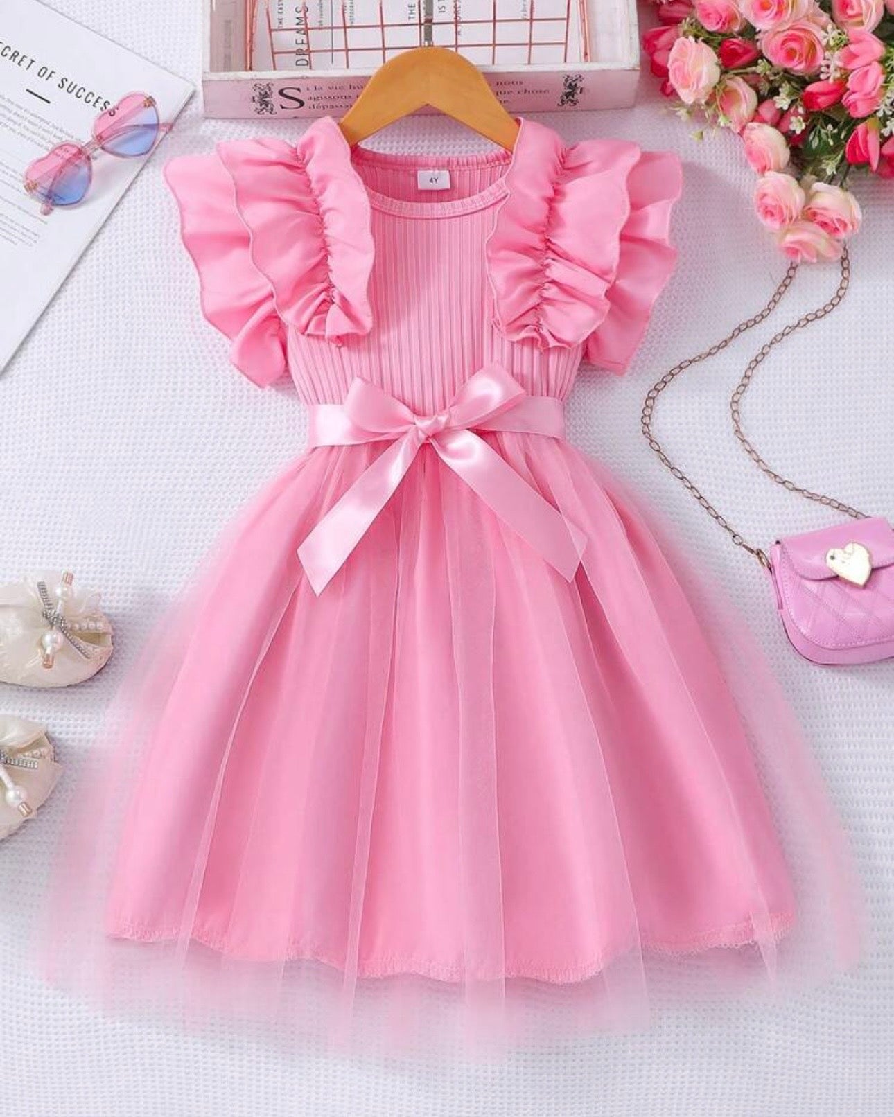 Young Girls Pink Cap Sleeve Mesh Dress