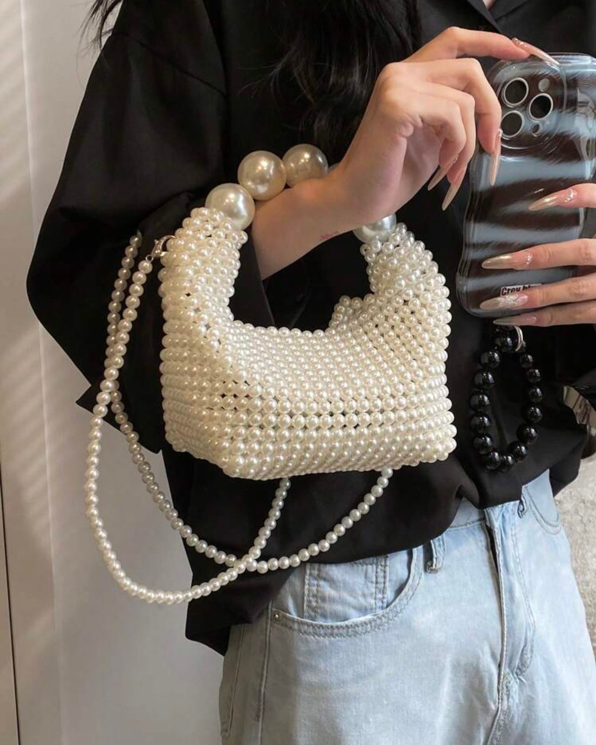 Handmade Woven Faux Pearl Bag – French Retro Elegance