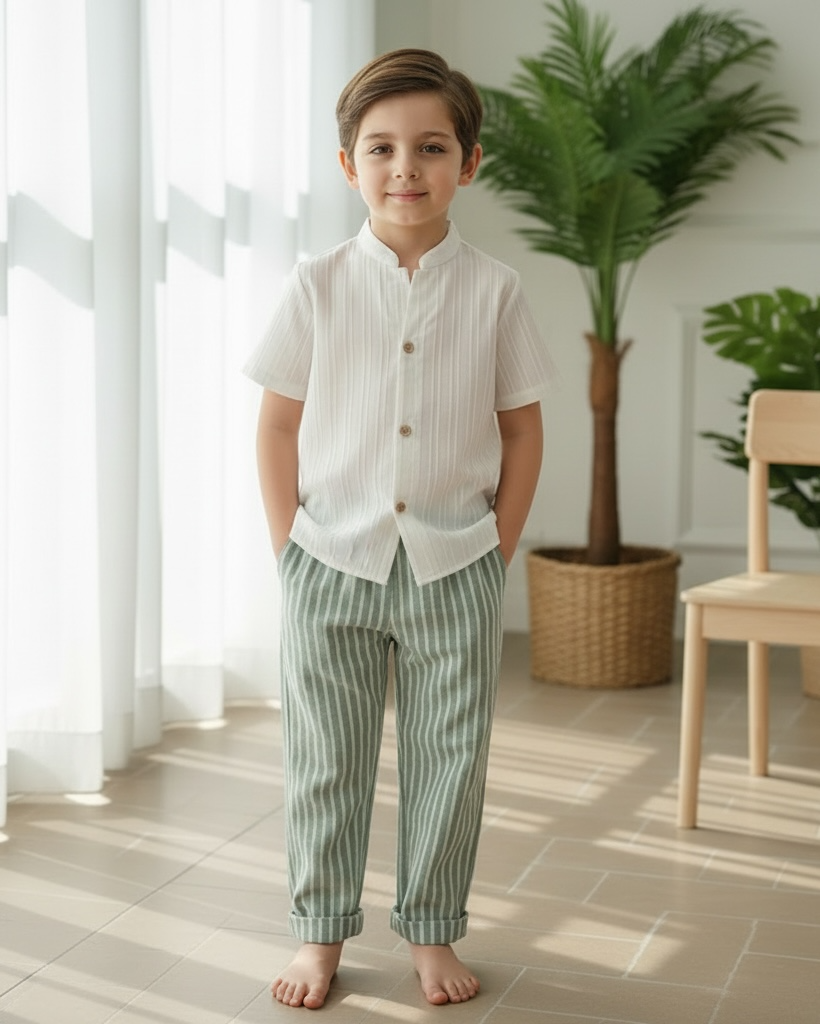 Young Boys 2-Piece Shirt & Green Striped Pants Set