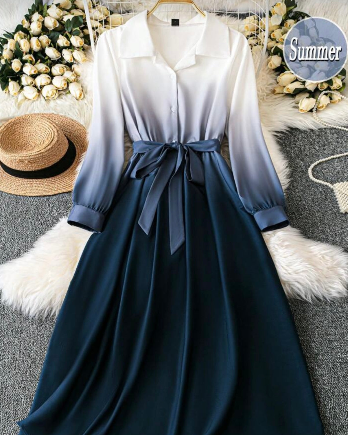 Exquisite & Elegant  Plus Size Ombre Color Long Sleeve Woven Dress
