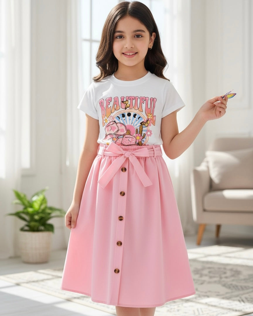 2pcs Girls Pink Cartoon Letter Print Short Sleeve Top & Skirt