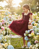 Floral Patchwork Summer Dress – Burgundy Colour Faux Shirred Cap Sleeve Dress