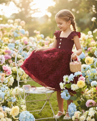 Floral Patchwork Summer Dress – Burgundy Colour Faux Shirred Cap Sleeve Dress