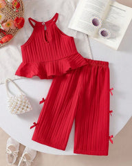 2pcs Baby Girls’ Red colour Spaghetti Strap Camisole Top With 3D Bow Decor Straight Leg Pants Set
