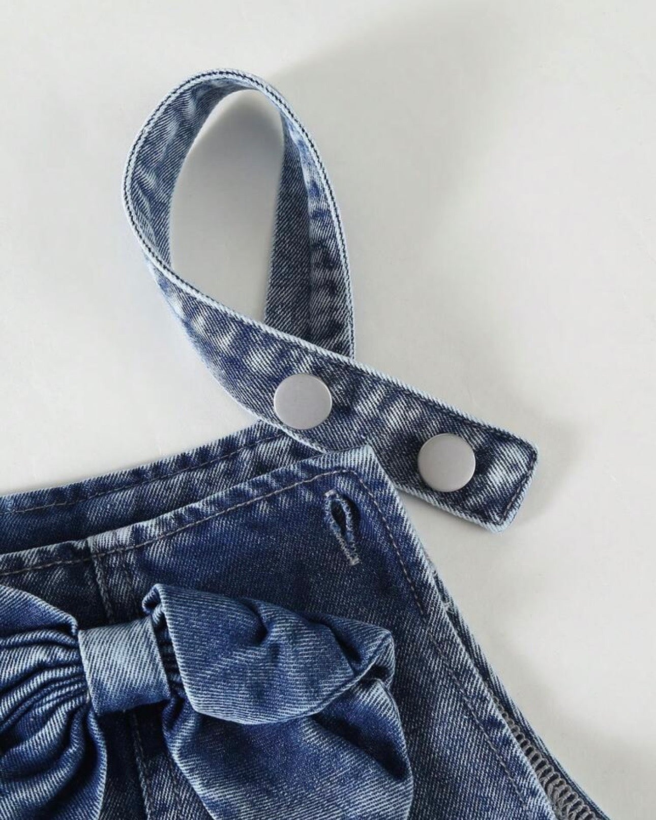 Girls Blue Denim Jumpsuit with Pink Hollow Heart Embroidery & Bow