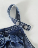 Girls Blue Denim Jumpsuit with Pink Hollow Heart Embroidery & Bow