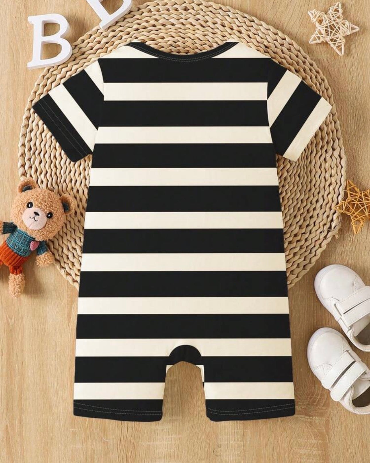 Baby Boy Striped Bear Print Short Sleeve Romper
