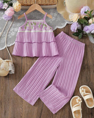 Girls’ Floral Embroidery Camisole + Wide Leg Pants