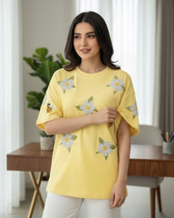 Women's Floral & Bee Embroidery Round Neck Short Sleeve Casual T-Shirt