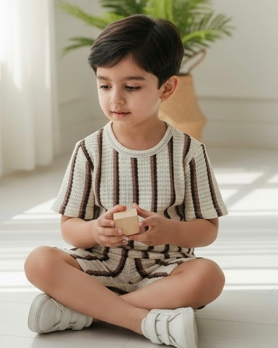 Boys Brown Waffle Stripe 2pcs Summer Set – T-Shirt & Shorts