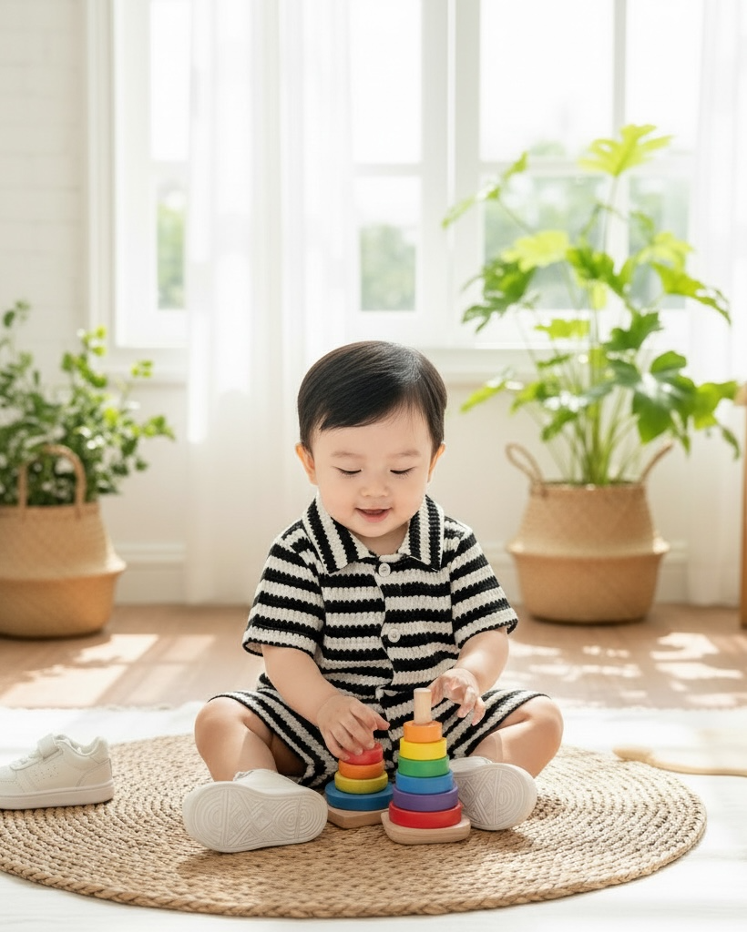 Baby Boy Black Striped Co-Ord Set – Collared Short Sleeve Shirt & Matching Shorts