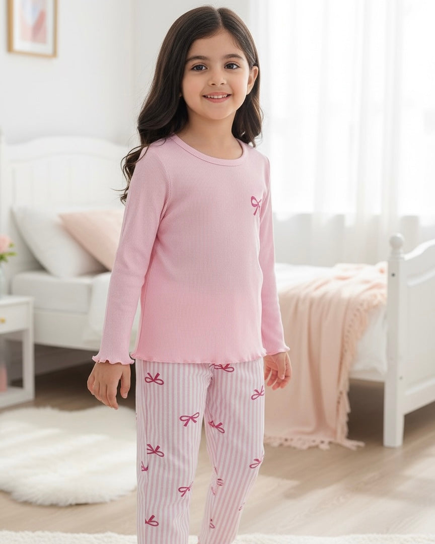 Kids Girls Bow Print Ribbed Pajama Set – Pink Long Sleeve Top & Pants
