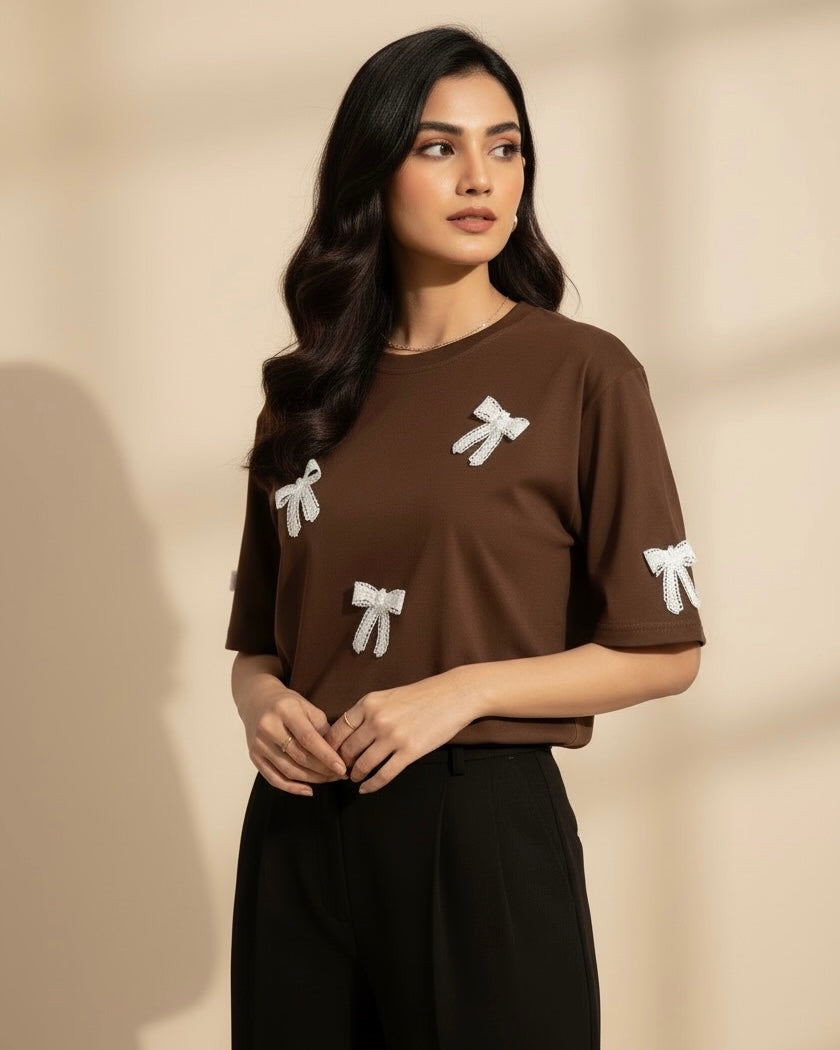 Bow Decor Plus Size Women Round Neck Short Sleeve T-Shirt