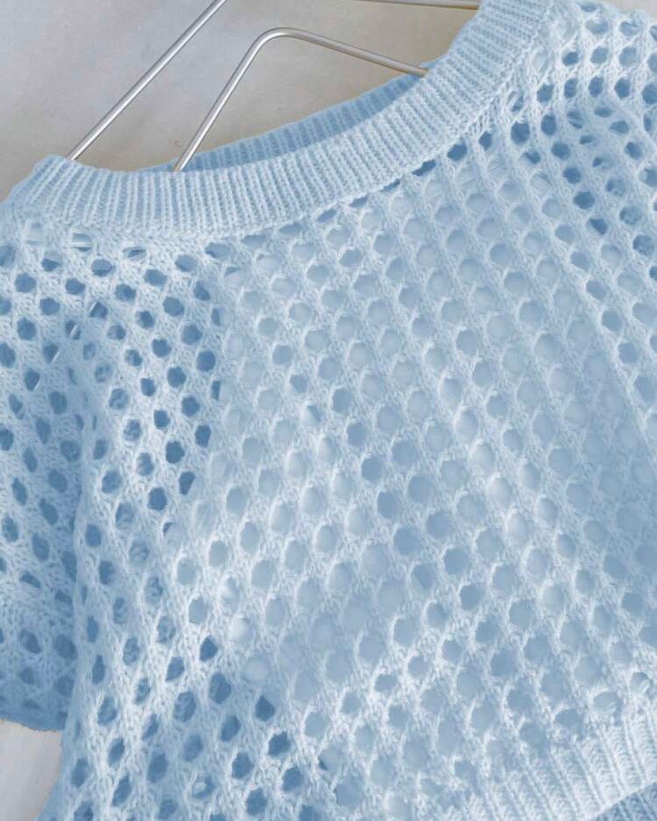 Tween Girls Teal Blue Crew Neck Long Sleeve Hollow Knitwear