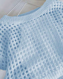 Tween Girls Teal Blue Crew Neck Long Sleeve Hollow Knitwear