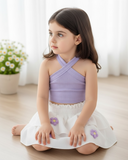 Girls’ Purple Ribbed Camisole & White 3D Floral Double-Layer Skirt Set