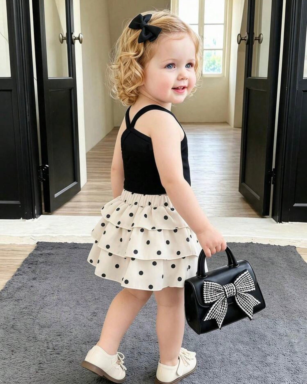 Baby Girl Black & White Polka Dot Dress Set – Korean Style Cross Strap Cake Dress