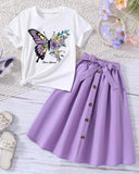 Butterfly Pattern Printed Short Sleeve T-Shirt And Elastic Waist Skirt