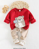 2pcs Baby Boy Bear  Red Round Neck Shirt And Blue Pants Set