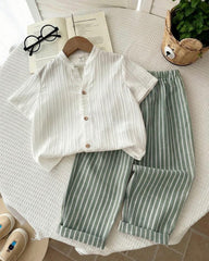 Young Boys 2-Piece Shirt & Green Striped Pants Set