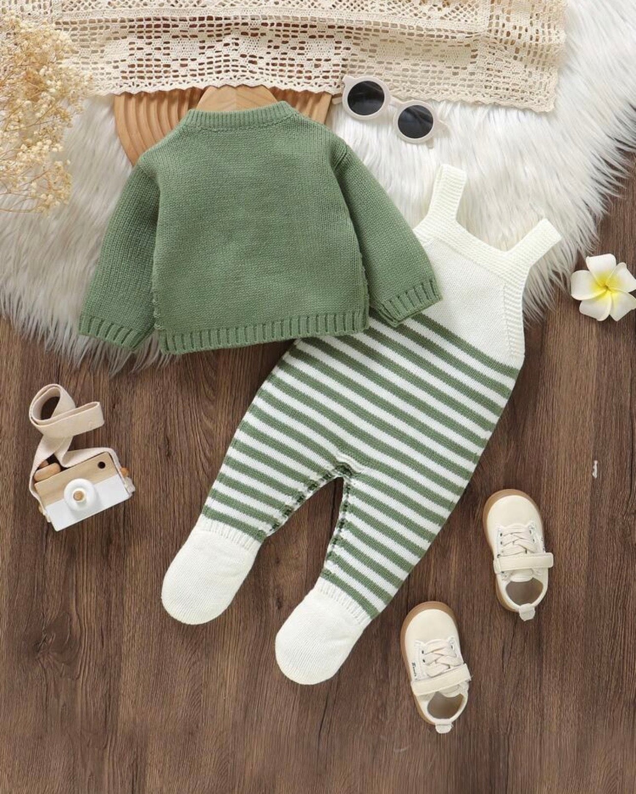 Newborn Baby Green and White Striped Cardigan + Suspender Romper